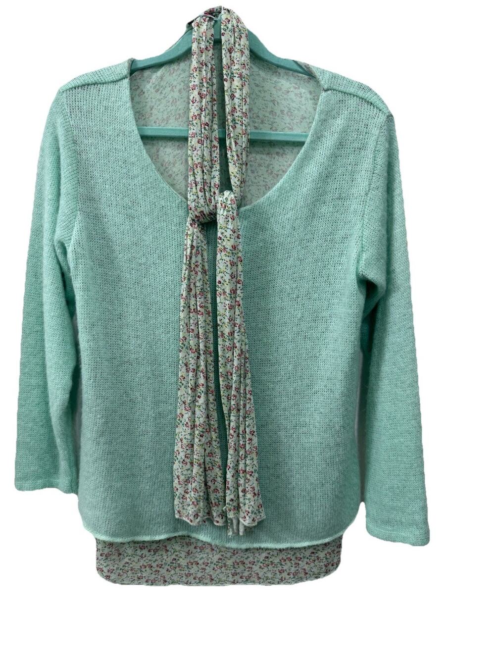 Made In Italy Mohair Blend Sweater Medium Mint Green w/ Floral Scarf Soft Cozy